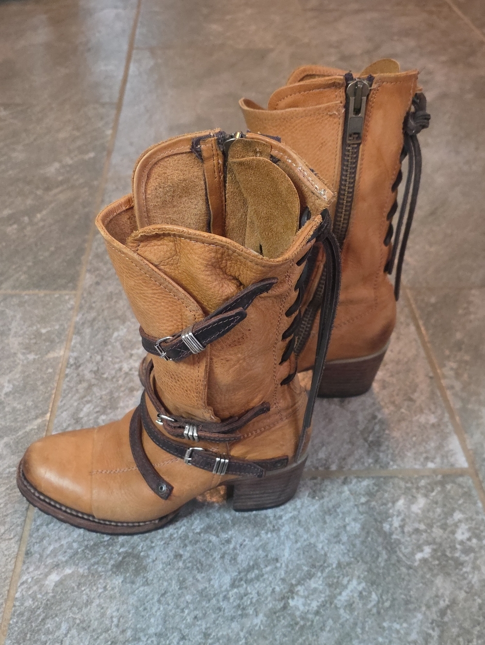 Freebird Cora Tan Leather Buckle Boots - Brown Strap Detail Size 8 - Picture 4 of 15